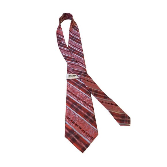 NWT Stacy Adams Mens Tie Necktie Designer Luxury Red Silver Striped Plaid - Picture 4 of 13